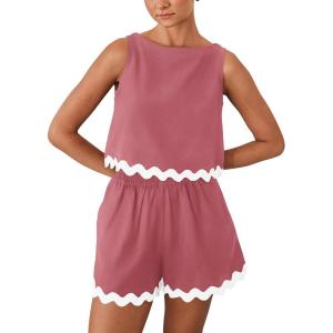 imagePRETTYGARDEN Womens 2 Piece Beach Vacation Outfits Casual Cropped Tank Top High Waist Shorts Set TracksuitBean Paste Red