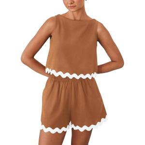imagePRETTYGARDEN Womens 2 Piece Beach Vacation Outfits Casual Cropped Tank Top High Waist Shorts Set TracksuitBrown