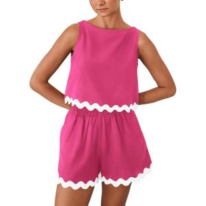 imagePRETTYGARDEN Womens 2 Piece Beach Vacation Outfits Casual Cropped Tank Top High Waist Shorts Set TracksuitRose Red