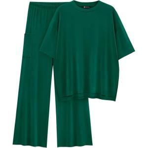 imagePRETTYGARDEN Womens 2 Piece Outfits Casual Short Sleeve Pullover Tops and Wide Leg Pants Lounge Sets TracksuitsGreen