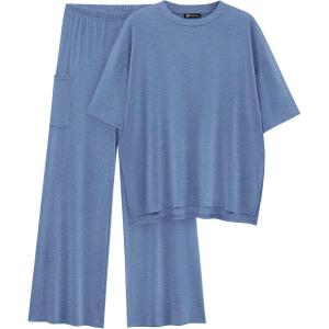 imagePRETTYGARDEN Womens 2 Piece Outfits Casual Short Sleeve Pullover Tops and Wide Leg Pants Lounge Sets TracksuitsGrey Blue
