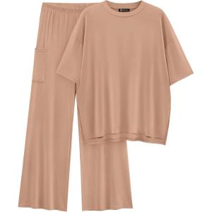 imagePRETTYGARDEN Womens 2 Piece Outfits Casual Short Sleeve Pullover Tops and Wide Leg Pants Lounge Sets TracksuitsKhaki