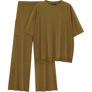 imagePRETTYGARDEN Womens 2 Piece Outfits Casual Short Sleeve Pullover Tops and Wide Leg Pants Lounge Sets TracksuitsLight Army Green