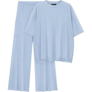 imagePRETTYGARDEN Womens 2 Piece Outfits Casual Short Sleeve Pullover Tops and Wide Leg Pants Lounge Sets TracksuitsLight Blue