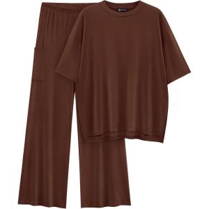 imagePRETTYGARDEN Womens 2 Piece Outfits Casual Short Sleeve Pullover Tops and Wide Leg Pants Lounge Sets TracksuitsLight Coffee