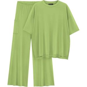 imagePRETTYGARDEN Womens 2 Piece Outfits Casual Short Sleeve Pullover Tops and Wide Leg Pants Lounge Sets TracksuitsLight Green