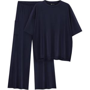 imagePRETTYGARDEN Womens 2 Piece Outfits Casual Short Sleeve Pullover Tops and Wide Leg Pants Lounge Sets TracksuitsNavy