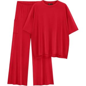 imagePRETTYGARDEN Womens 2 Piece Outfits Casual Short Sleeve Pullover Tops and Wide Leg Pants Lounge Sets TracksuitsRed