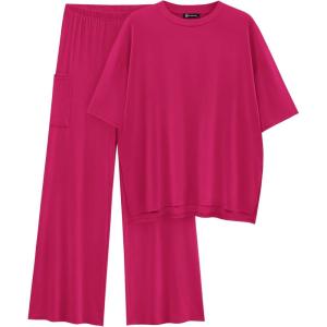 imagePRETTYGARDEN Womens 2 Piece Outfits Casual Short Sleeve Pullover Tops and Wide Leg Pants Lounge Sets TracksuitsRose Red