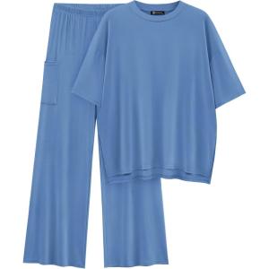 imagePRETTYGARDEN Womens 2 Piece Outfits Casual Short Sleeve Pullover Tops and Wide Leg Pants Lounge Sets TracksuitsSky Blue