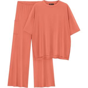imagePRETTYGARDEN Womens 2 Piece Outfits Casual Short Sleeve Pullover Tops and Wide Leg Pants Lounge Sets TracksuitsWatermelon Red