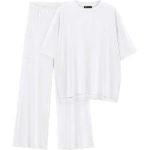 imagePRETTYGARDEN Womens 2 Piece Outfits Casual Short Sleeve Pullover Tops and Wide Leg Pants Lounge Sets TracksuitsWhite