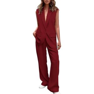 imagePRETTYGARDEN Womens 2 Piece Outfits Sleeveless Suit Vest and Wide Leg Pants Business Casual Blazer SetsWine Red