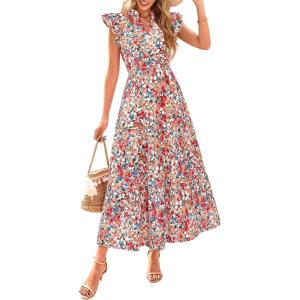 imagePRETTYGARDEN Womens 2025 Summer Floral Midi Dress Cap Sleeve V Neck Ruffle Long Flowy Boho Casual Beach Vacation DressesFloral Blue Orange