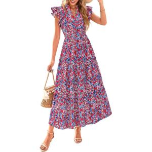imagePRETTYGARDEN Womens 2025 Summer Floral Midi Dress Cap Sleeve V Neck Ruffle Long Flowy Boho Casual Beach Vacation DressesFloral Navy Red