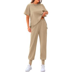 imagePRETTYGARDEN Womens Summer 2 Piece Outfit Tracksuits Casual Short Sleeve Tops High Waisted Sweatpants SetApricot