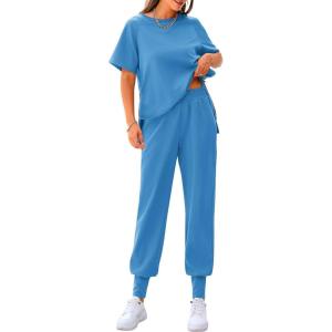 imagePRETTYGARDEN Womens Summer 2 Piece Outfit Tracksuits Casual Short Sleeve Tops High Waisted Sweatpants SetBlue