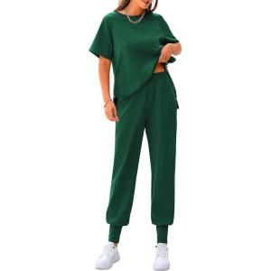 imagePRETTYGARDEN Womens Summer 2 Piece Outfit Tracksuits Casual Short Sleeve Tops High Waisted Sweatpants SetDark Green