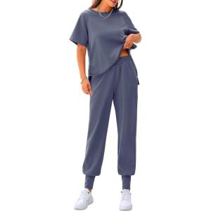 imagePRETTYGARDEN Womens Summer 2 Piece Outfit Tracksuits Casual Short Sleeve Tops High Waisted Sweatpants SetGrey Blue