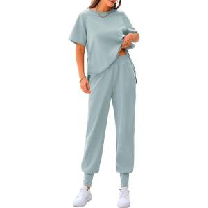 imagePRETTYGARDEN Womens Summer 2 Piece Outfit Tracksuits Casual Short Sleeve Tops High Waisted Sweatpants SetLight Blue