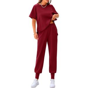 imagePRETTYGARDEN Womens Summer 2 Piece Outfit Tracksuits Casual Short Sleeve Tops High Waisted Sweatpants SetWine Red