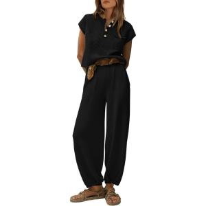 imagePRETTYGARDEN Womens Two Piece Outfits Sweater Sets Knit Pullover Tops And High Waisted Pants Matching Tracksuit Sweatsuit SetButton Black