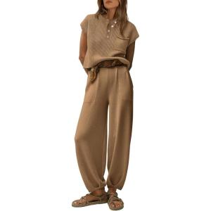 imagePRETTYGARDEN Womens Two Piece Outfits Sweater Sets Knit Pullover Tops And High Waisted Pants Matching Tracksuit Sweatsuit SetButton Khaki