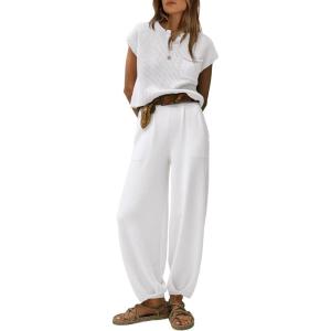 imagePRETTYGARDEN Womens Two Piece Outfits Sweater Sets Knit Pullover Tops And High Waisted Pants Matching Tracksuit Sweatsuit SetButton White