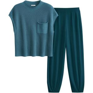 imagePRETTYGARDEN Womens Two Piece Outfits Sweater Sets Knit Pullover Tops And High Waisted Pants Matching Tracksuit Sweatsuit SetGrey Blue