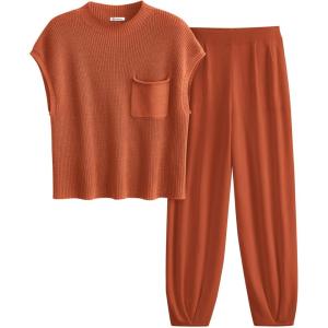 imagePRETTYGARDEN Womens Two Piece Outfits Sweater Sets Knit Pullover Tops And High Waisted Pants Matching Tracksuit Sweatsuit SetRust Red