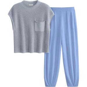imagePRETTYGARDEN Womens Two Piece Outfits Sweater Sets Knit Pullover Tops And High Waisted Pants Matching Tracksuit Sweatsuit SetSky Blue