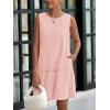 imagePRETTYGARDEN Casual Short Summer Dresses for Women 2025 Sleeveless Crewneck Cute Ruffle Loose Vacation Mini Tshirt DressGrey Pink