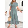 imagePRETTYGARDEN Womens 2025 Summer Casual Flutter Short Sleeve Boho Floral Maxi Dress Crew Neck Smocked Tiered Long DressesOlive Green
