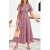 imagePRETTYGARDEN Womens 2025 Summer Casual Flutter Short Sleeve Boho Floral Maxi Dress Crew Neck Smocked Tiered Long DressesRed