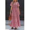 imagePRETTYGARDEN Womens 2025 Summer Casual Flutter Short Sleeve Boho Floral Maxi Dress Crew Neck Smocked Tiered Long DressesRed