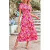 imagePRETTYGARDEN Womens 2025 Summer Casual Flutter Short Sleeve Boho Floral Maxi Dress Crew Neck Smocked Tiered Long DressesRose Red