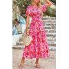 imagePRETTYGARDEN Womens 2025 Summer Casual Flutter Short Sleeve Boho Floral Maxi Dress Crew Neck Smocked Tiered Long DressesRose Red