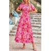 imagePRETTYGARDEN Womens 2025 Summer Casual Flutter Short Sleeve Boho Floral Maxi Dress Crew Neck Smocked Tiered Long DressesRose Red