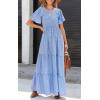 imagePRETTYGARDEN Womens 2025 Summer Casual Flutter Short Sleeve Boho Floral Maxi Dress Crew Neck Smocked Tiered Long DressesSky Blue White Flower