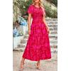 imagePRETTYGARDEN Womens 2025 Summer Casual Flutter Short Sleeve Boho Floral Maxi Dress Crew Neck Smocked Tiered Long DressesXred