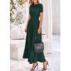 imagePRETTYGARDEN Womens Casual Dresses 2025 Summer Short Sleeve Ruched Patchwork A Line Pleated Swing Maxi Dress with PocketsDark Green