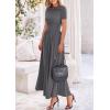 imagePRETTYGARDEN Womens Casual Dresses 2025 Summer Short Sleeve Ruched Patchwork A Line Pleated Swing Maxi Dress with PocketsGrey