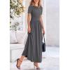 imagePRETTYGARDEN Womens Casual Dresses 2025 Summer Short Sleeve Ruched Patchwork A Line Pleated Swing Maxi Dress with PocketsGrey