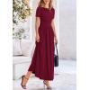 imagePRETTYGARDEN Womens Casual Dresses 2025 Summer Short Sleeve Ruched Patchwork A Line Pleated Swing Maxi Dress with PocketsWine Red