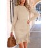 imagePRETTYGARDEN Womens Long Sleeve Ruffle Bodycon Short Dress Fall Ruched Fitted Cocktail Spring Mini DressesBeige