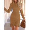 imagePRETTYGARDEN Womens Long Sleeve Ruffle Bodycon Short Dress Fall Ruched Fitted Cocktail Spring Mini DressesKhaki
