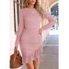imagePRETTYGARDEN Womens Long Sleeve Ruffle Bodycon Short Dress Fall Ruched Fitted Cocktail Spring Mini DressesPink
