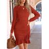 imagePRETTYGARDEN Womens Long Sleeve Ruffle Bodycon Short Dress Fall Ruched Fitted Cocktail Spring Mini DressesRust Red