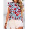 imagePRETTYGARDEN Womens Ruffle Short Sleeve Summer Tops 2025 Trendy Floral Trim Neck Casual Dressy Chiffon Boho Blouses ShirtsLight Blue Flower