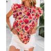 imagePRETTYGARDEN Womens Ruffle Short Sleeve Summer Tops 2025 Trendy Floral Trim Neck Casual Dressy Chiffon Boho Blouses ShirtsRed Flower